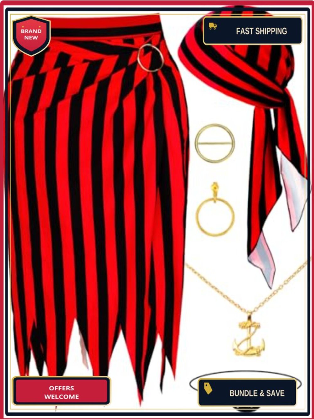 Womens Pirate Costume Set Striped Skirt Bandana Eye Patch Necklace Halloween